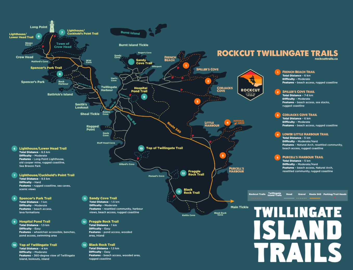 Map of Twillingate's Rockcut trails and other hiking trails in the region.